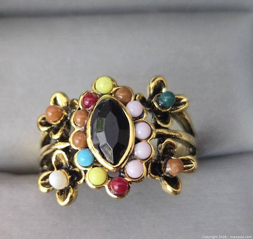 Gold-Tone Plated Ring with Black Faceted Glass Center (1 of 2)