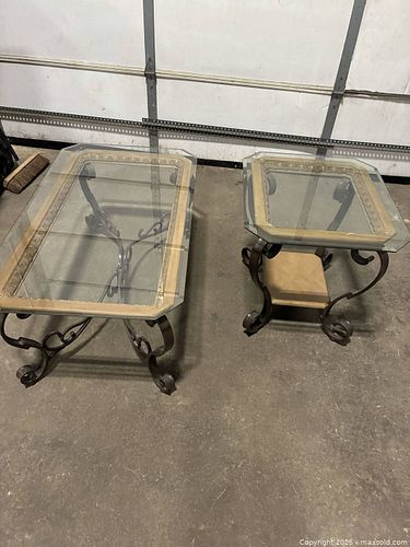 2-Piece Matching Coffee & End Table Set, Glass Top, Wrought Iron (1 of 6)