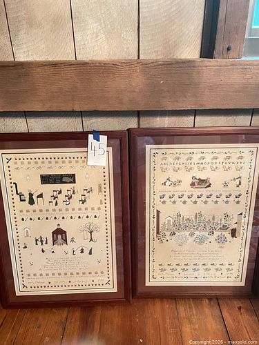 Pair of Holly Metzger Framed Prints on Material (1994)- School House and Garden  (1 of 8)