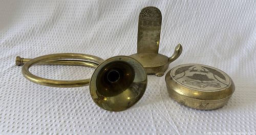 Brass Asian Decorative Bugle, Turtle Incense Holder & Trinket Box (1 of 4)