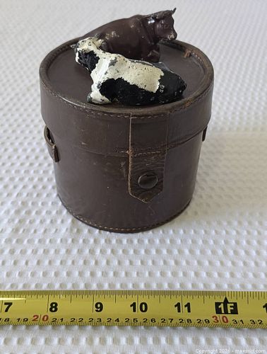 Round Leather Hatbox Case with Felt Interior and Mini Figurines (1 of 3)
