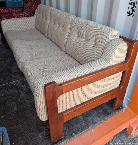 MCM Mid-Century Modern Teak 3 Seater Couch with neutral tweed Fabric (1 of 4)