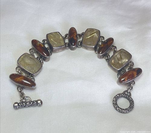 (Sterling) Artisan Silver Quartz & Amber Bracelet (46.41g) (1 of 18)