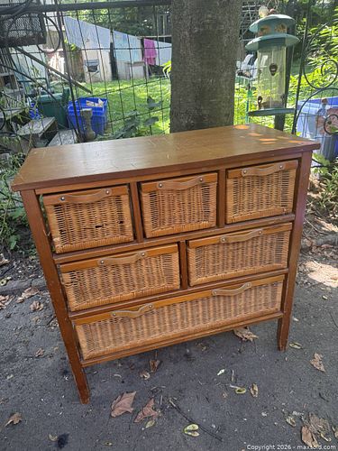 VTG. STYLE DRESSER WOOD FRAME 6 WICKER DRAWERS  LEATHER HANDLES  (1 of 4)