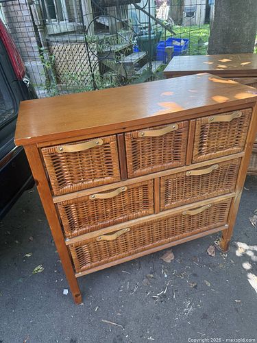 VTG. STYLE DRESSER WOOD FRAME 6 WICKER DRAWERS  LEATHER HANDLES  (1 of 3)