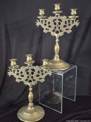 Pair of Brass 3-Light Candelabra with Dragon & Floral Motif (1 of 10)