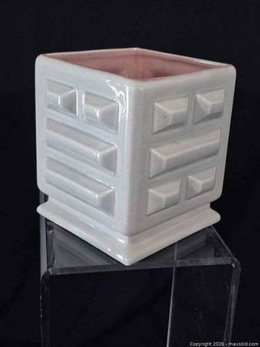 Red Wing Square Ceramic Vase, White Exterior & Pink Interior (1 of 6)