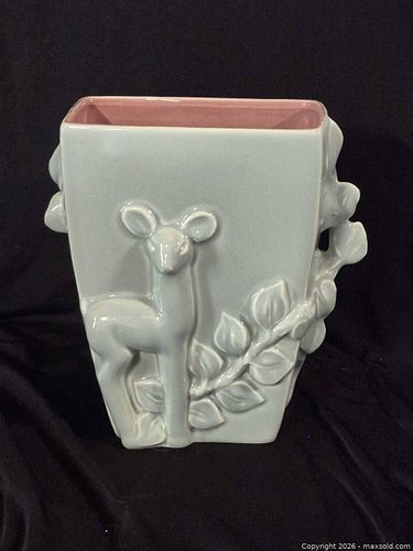 Vintage Light Blue Ceramic Vase Planter with Deer Motif (1 of 6)