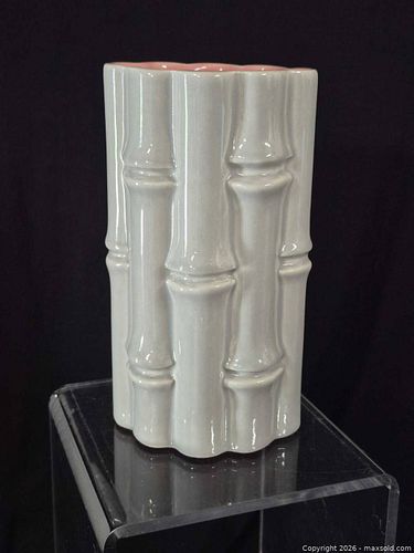 White Ceramic Vase with Pink Interior & Bamboo Motif (1 of 4)