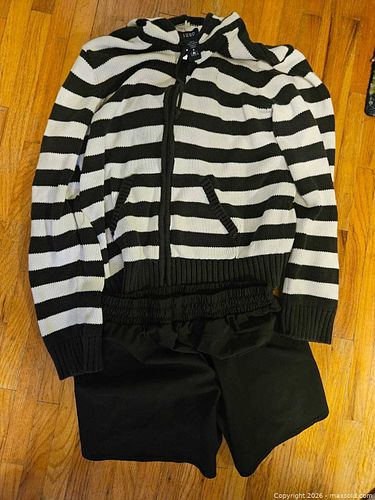 Medium striped woman's sweater/hoodie and exercise shorts (1 of 3)
