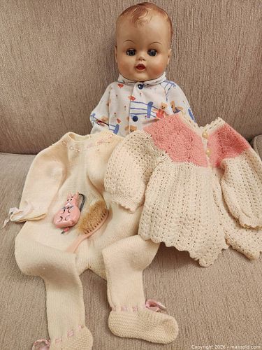 BABY DOLL and 1950's VINTAGE KNIT and CROCHET outfit and vintage toy purse,brush, thermometer.  (1 of 5)