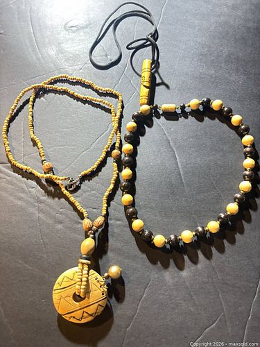 Bohemian Wood & Metal Necklace Set with Carved Pendant (1 of 4)