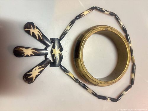 Vintage Black & Ivory Bone Necklace with Bone and Gold Metal Bangle (1 of 5)