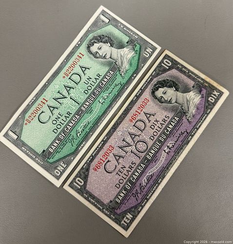  (2) Vintage Collectible 1954 Canadian Bills ($10 Bill & $1 Bill) (1 of 6)