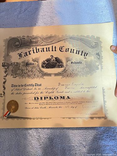1920 Diploma/Certificate from Faribault County Public Schools to Frances (1 of 4)
