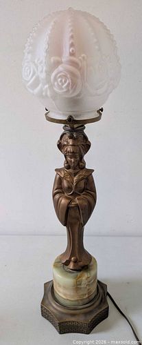 C. 1930's Figural Art Deco Bronzed Metal Lady Lamp Marble Block Base Working (1 of 14)