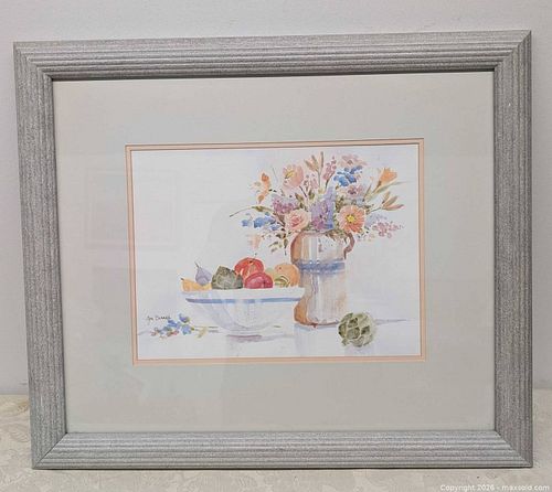 Signed Gini Bunnell Delicate Still Life Water Colour Painting Fruit Basket & Flower Vase  (1 of 7)