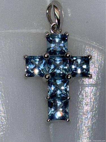 14k WHITE GOLD Blue Topaz Cross Pendant Jewelry  (1 of 8)