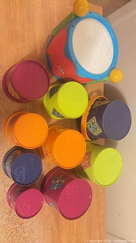 Multicolor Plastic Stacking Cups with Toy Drum and Mallets (1 of 6)