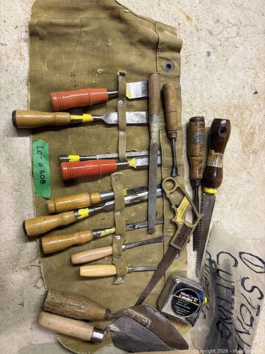 Assorted Hand Tools with Chisels, Saw, Trowels and Tape Measure (1 of 3)