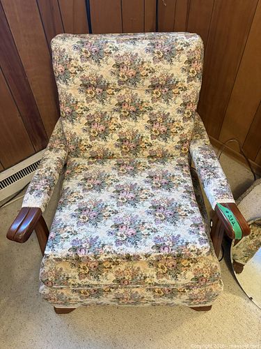 Traditional Floral Upholstered Armchair with Wooden Arms (1 of 4)