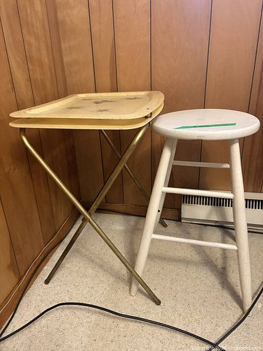 Vintage Folding TV Tray with Decorative Butterfly/Leaf Top & Wood Stool (1 of 3)