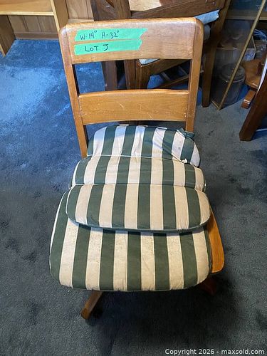 Vintage Light Brown Wood Office Chair with Green/White Striped Upholstery (1 of 6)