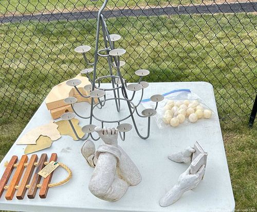 Decorative Accents: Metal Candelabra, Plaster Hands, Wood Trivet (1 of 6)