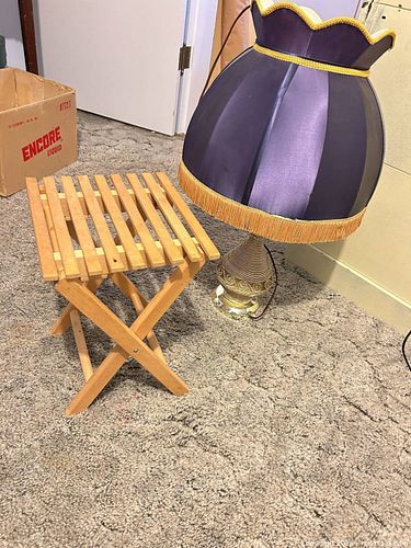 Vintage Purple Fabric Table Lamp with Fringe and Wooden Folding Stool (1 of 6)