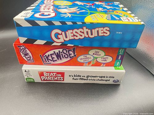Lot of 3 Board Games & 8 Ball: Guesstures, Likewise, Beat the Parents (1 of 5)