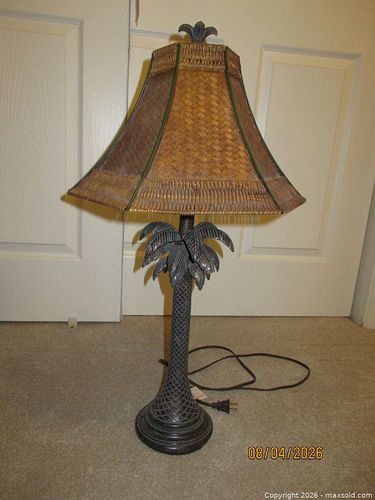 Palm Style Table Lamp with Wicker Shade and Metal Base (1 of 4)