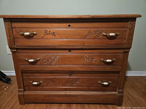 Vintage Solid Wood 4-Drawer Dresser, Medium Brown, 40"W x 18"D x 34"H (1 of 4)