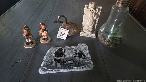 Lot: Porcelain figurines, slate plaque, glass planter, metal hook, resin plaque (1 of 10)