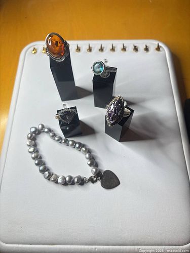 Sterling Silver Rings & Bracelets with Amber, Topaz, Amethyst ring missing a stone.Pearls (1 of 5)