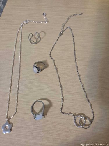 Lot of 3 Silver-Tone Boho Rings with Opalite & Moonstone and two necklaces (1 of 10)
