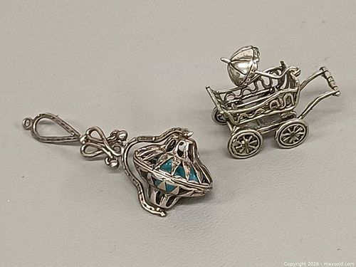 Vintage 800 Silver Miniature Baby Rattle and Stroller Marked  (1 of 5)