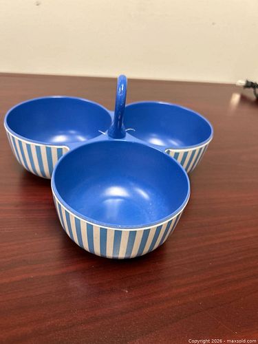 Blue and White Striped 3-Section Serving Bowl with Center Handle (1 of 4)