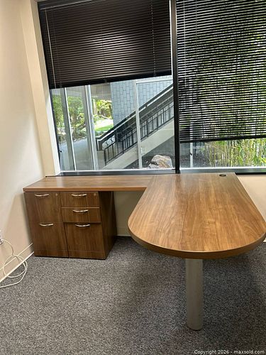 Large L-Shaped Wood Veneer Desk, Medium Walnut Finish (1 of 6)
