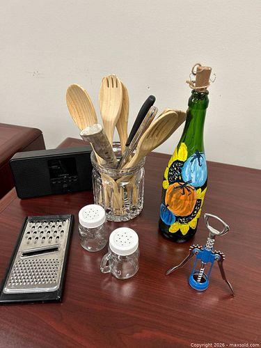 Mixed Kitchen & Bar Lot: Wooden Utensils, Glass Jar, Decorative Bottle (1 of 8)
