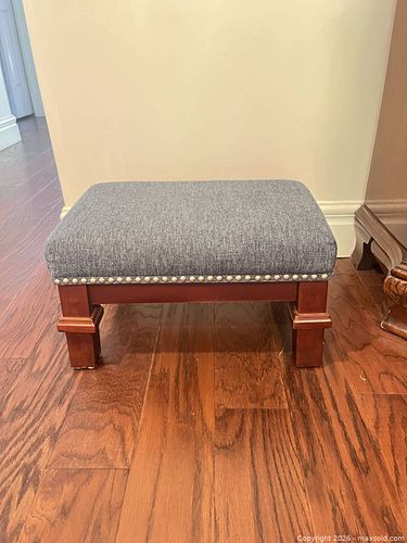 Gray/Blue Woven Fabric Footstool with Nailhead Trim (1 of 5)