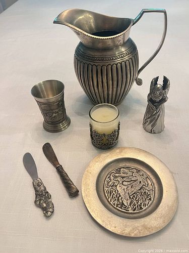 Pewter Serving & Decorative Lot: Pitcher, Plate, Figurine, Accessories (1 of 10)