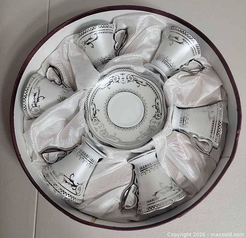 Porcelain Demitasse Espresso Set - 6 Cups & Saucers, Silver Trim (1 of 9)