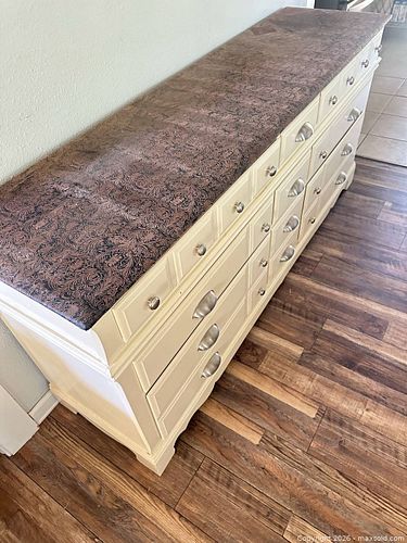 Farmhouse Off-White Dresser with Brown Wood & Upholstered Top (1 of 3)