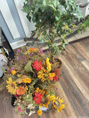 Metal Planter with Faux Sunflower Arrangement and Potted Topiary (1 of 4)