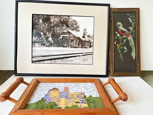Black and White Historical Photo of Menlo Park train station, Decorative Textile of Pena Palace in Portugal, Vintage Exotic Bird Art (1 of 5)