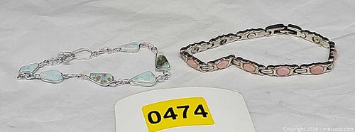 Pair of Silver-Tone Link and Wire-Wrapped Bracelets with Stones (1 of 6)