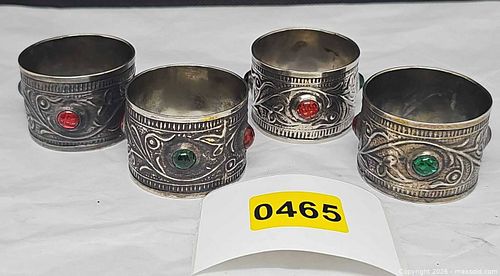 Set of 4 Silver-Tone Napkin Rings with Red & Green Glass Stones (1 of 4)