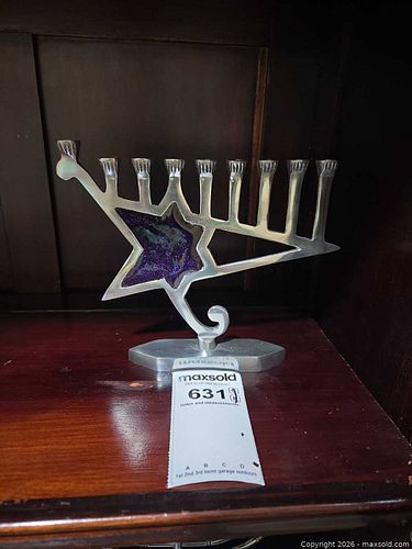 Silver Tone Menorah w/ Purple Inlaid Star, Modern Design 2ndHall (1 of 5)