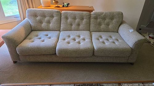 Mid-Century Modern Beige 3-Seat Tufted Sofa with Teak Exposed Wood C (1 of 11)