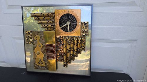 Vintage 1970 Mid-Century Modern Brutalist Mix Metal Wall Art Clock with Mirrored Back (1 of 5)